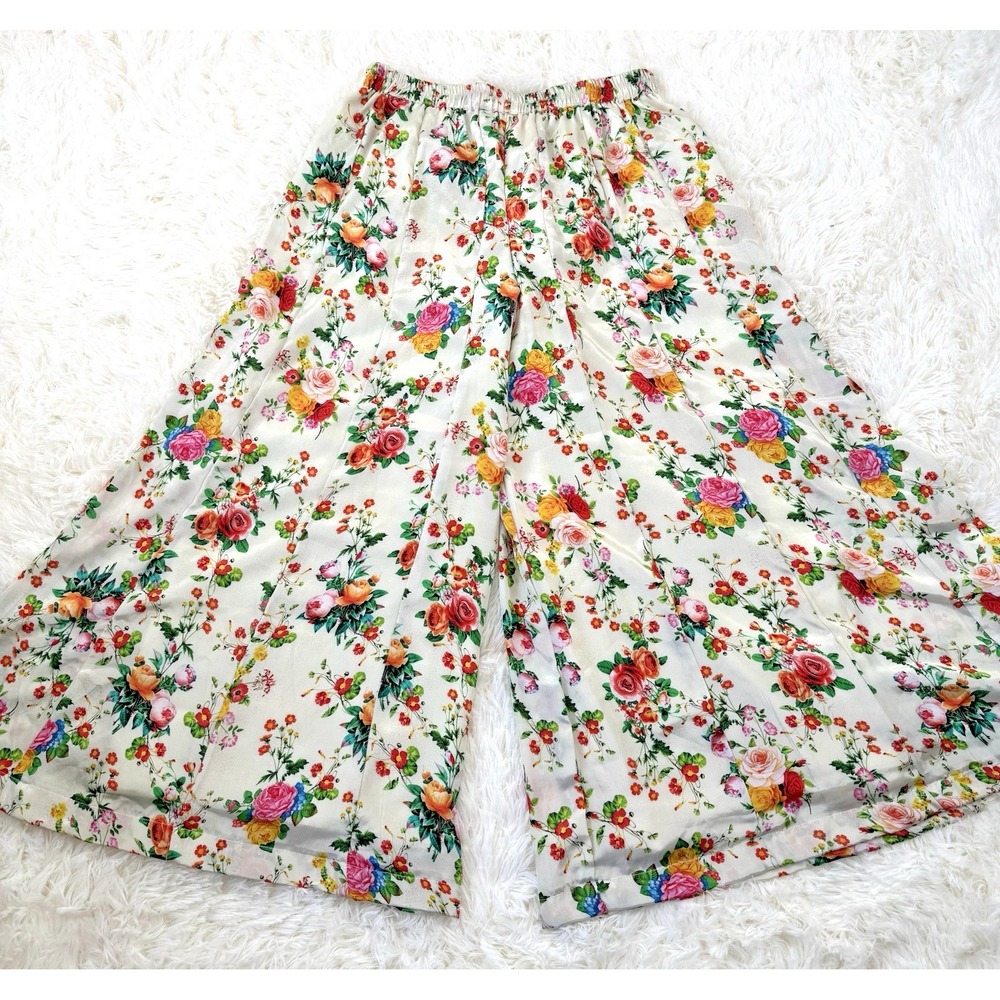 Vtg 70s Silk Floral Palazzo Pants M Boho Chic Hippie Cottage Wide Leg Handmade